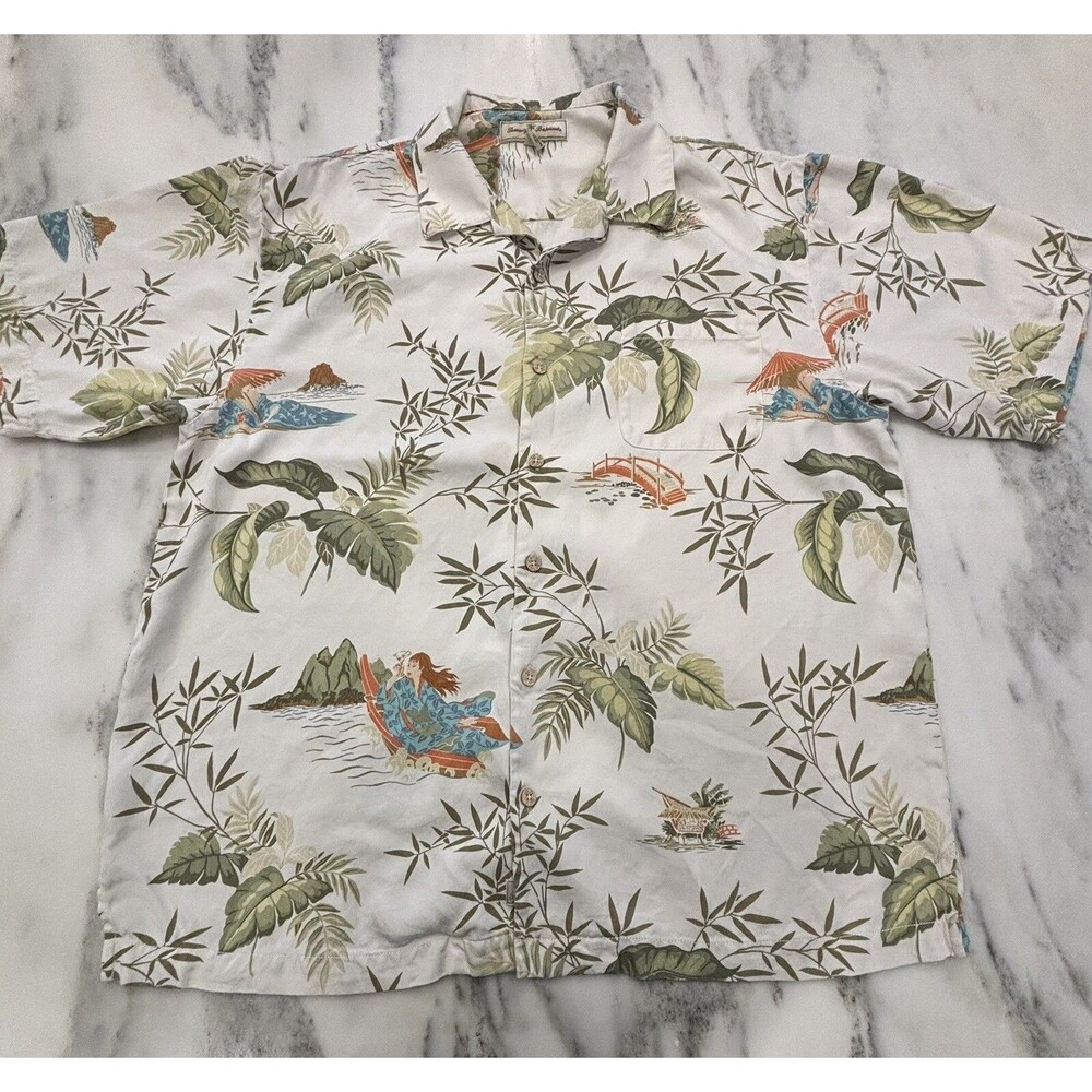100% Silk Tommy Bahama White Hawaiian Shirt Floral Tropical Short Sleeve XL